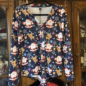Cbr Women's Christmas One Piece Sleep Shirt   ‎ XL Blue Santas And Reindeer